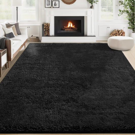 6x9 Area Rug for Living Room: Fluffy Shag Soft Washable Rugs Large Fuzzy Plush Indoor Carpet for Bedroom Nursery Playroom Kids Girls Boys Room (Black, 6'x9')