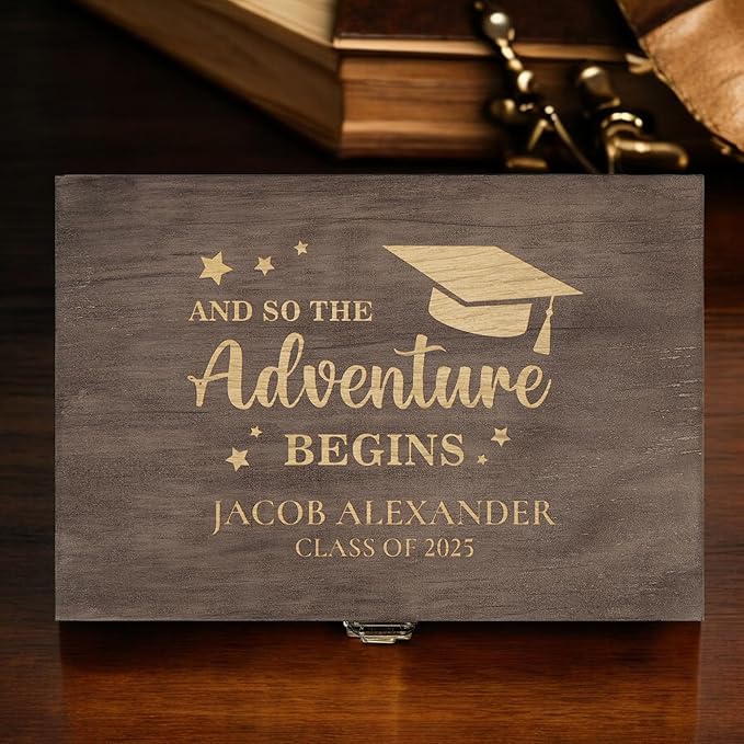 Personalized Graduation Keepsake Box 2025 Custom Engraved Wooden Memory Box High School College Graduates Cap and Gown Storage Boxes - Graduation Gifts for Him Her