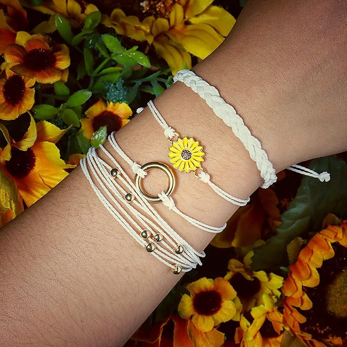 FANCY SHINY Sunflower String Bracelet Boho Braided Rope Wrap Bracelets Cute Summer Beach Surfer Jewelry for Women Christmas Gifts
