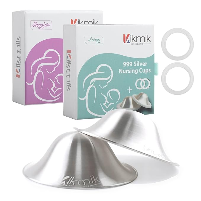 The Original Silver Nursing Cups with O-Feel Rings - 999 Silver Nipple Shields for Newborn Essentials - Reusable Nipple Covers for Breastfeeding Pain Relief & Protection - Large