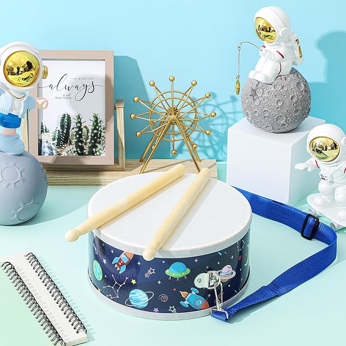 Boao 1 PC Kids Drum Set, 8 Inch Toddler Drum Wooden Toy with Adjustable Strap and 2 Drumsticks, Educational Sensory Musical Instrument for Toddlers Kid Baby Boys Girls Gift(Space)