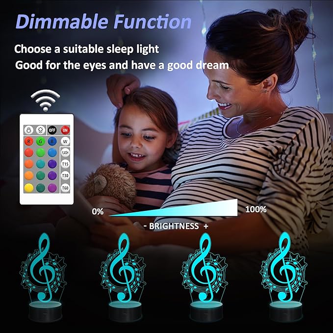 Music Note Gifts for Girls, 3D Illusion Lamp, 3D Music Night Light with 16 Colors Remote and Touch Control, Music Note Decor for Kids Room, Girls Birthday Gifts, FS-2810-9999
