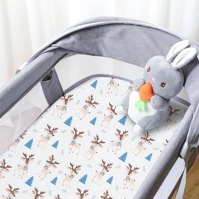 Bassinet Bed Sheet Set 2 Pcs Fits Rectangle Oval Halo Hourglass Mattress Stretchy Bassinet Bed Sheet Soft and Comfortable (Deer Park) (Lulu Paradise)