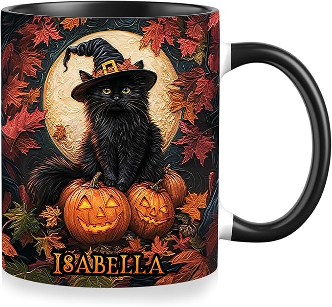 Personalized Halloween Black Cat Mug - Custom Decor Gift for Women - Spooky Season Accent Mug with Names
