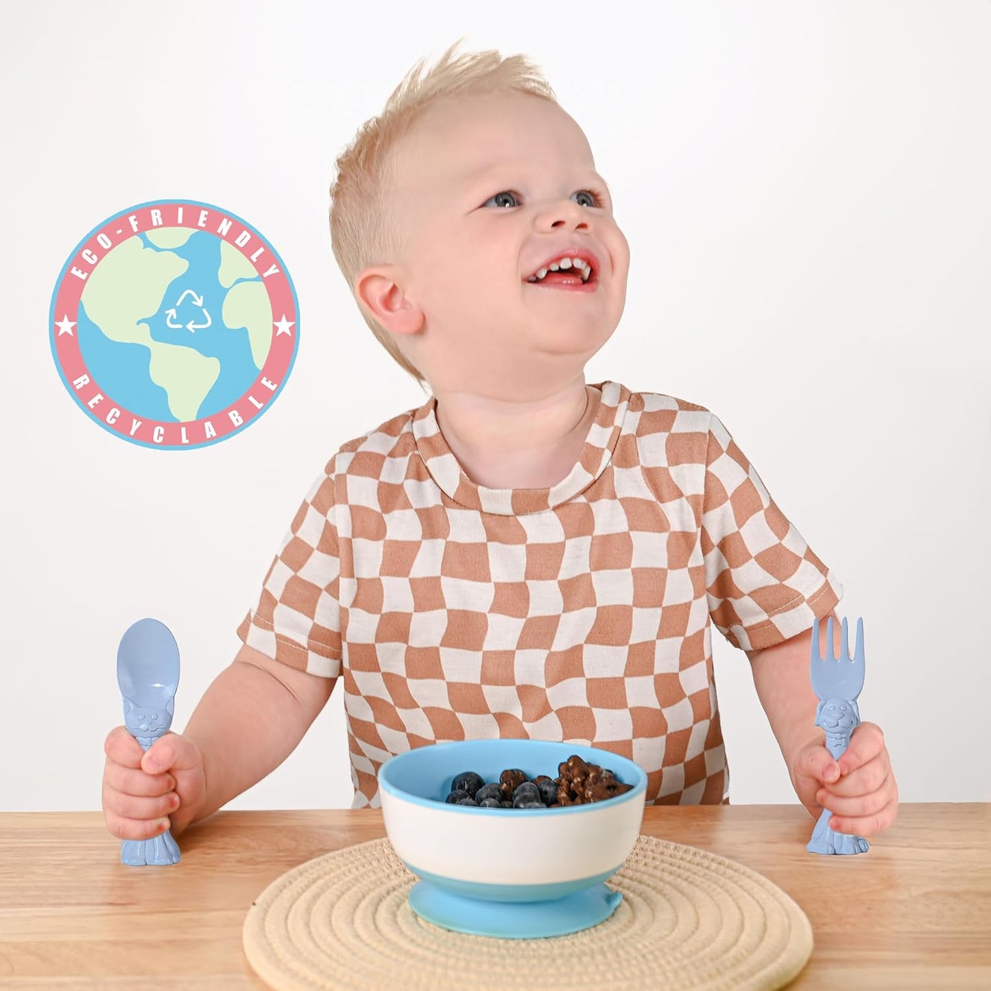 Made in USA Spoon la la Toddler Utensils Set (2 Pack) & Board Book - Spoon & Fork for Kids, Self-Standing 3D Ergonomic Cat & Dog Handles, BPA-free, Dishwasher Safe Baby Silverware (Blue)