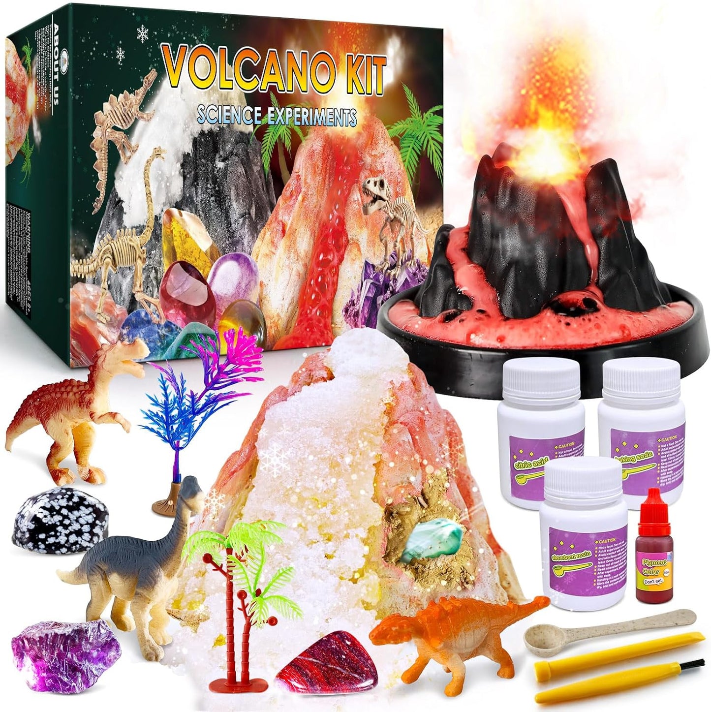UNGLINGA Erupting Volcano Science Kit for Kids, Gemstone Donosaur Dig Volcano, Snow Eruption Volcano, Chemistry Experiment Lab Toys Gift for Boys & Girls