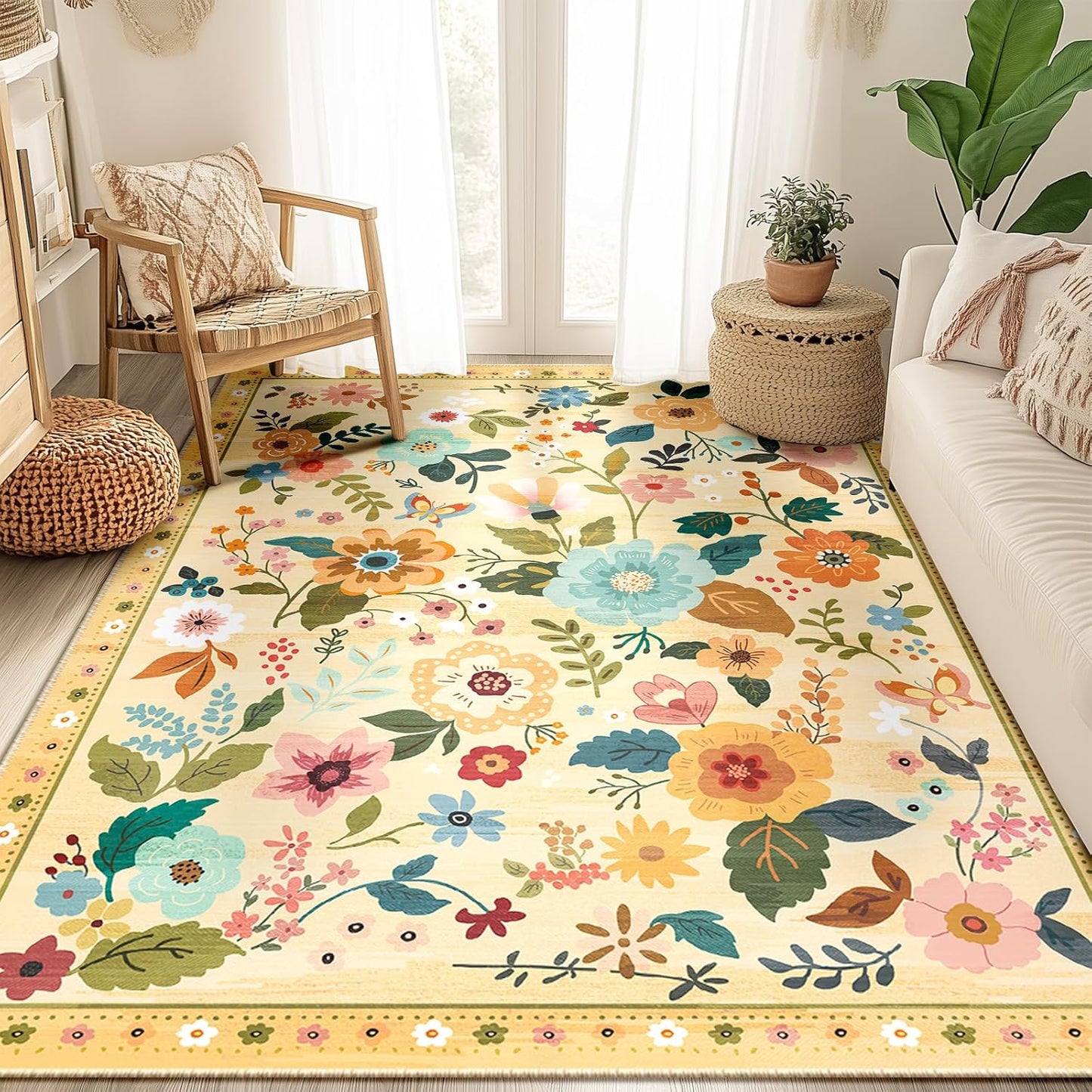 Floral 5x7 Area Rug Machine Washable Soft Print Boho Carpet Non Slip Doormat Low Pile Flower Area Rugs for Living Room Bedroom Nursery Kitchen Dining Room Indoor-Ivory/Yellow