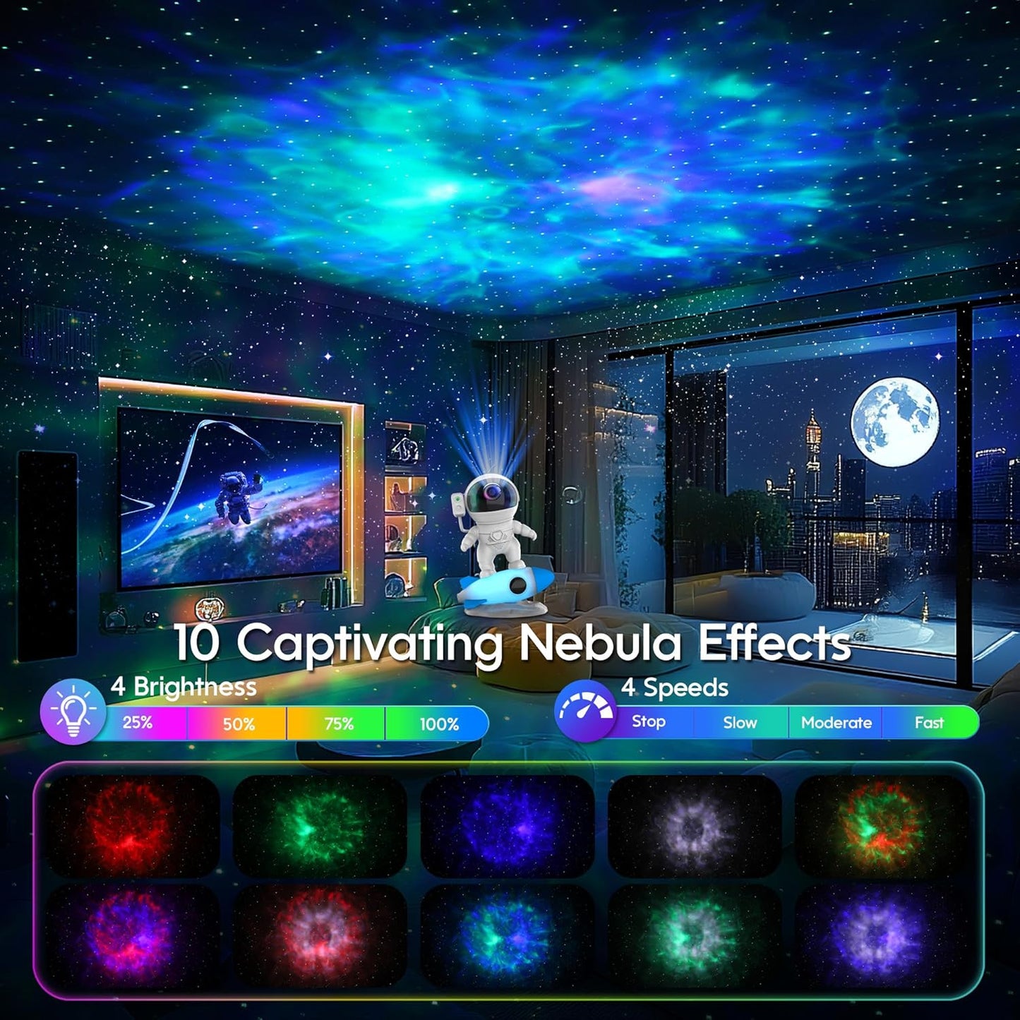 FlyEagle Astronaut Galaxy Projector, Star Nebula Projector with Rocket Lamp, Night Lights LED Star Projector for Bedroom, Remote Control, White Noises, Bluetooth Speaker for Bedroom