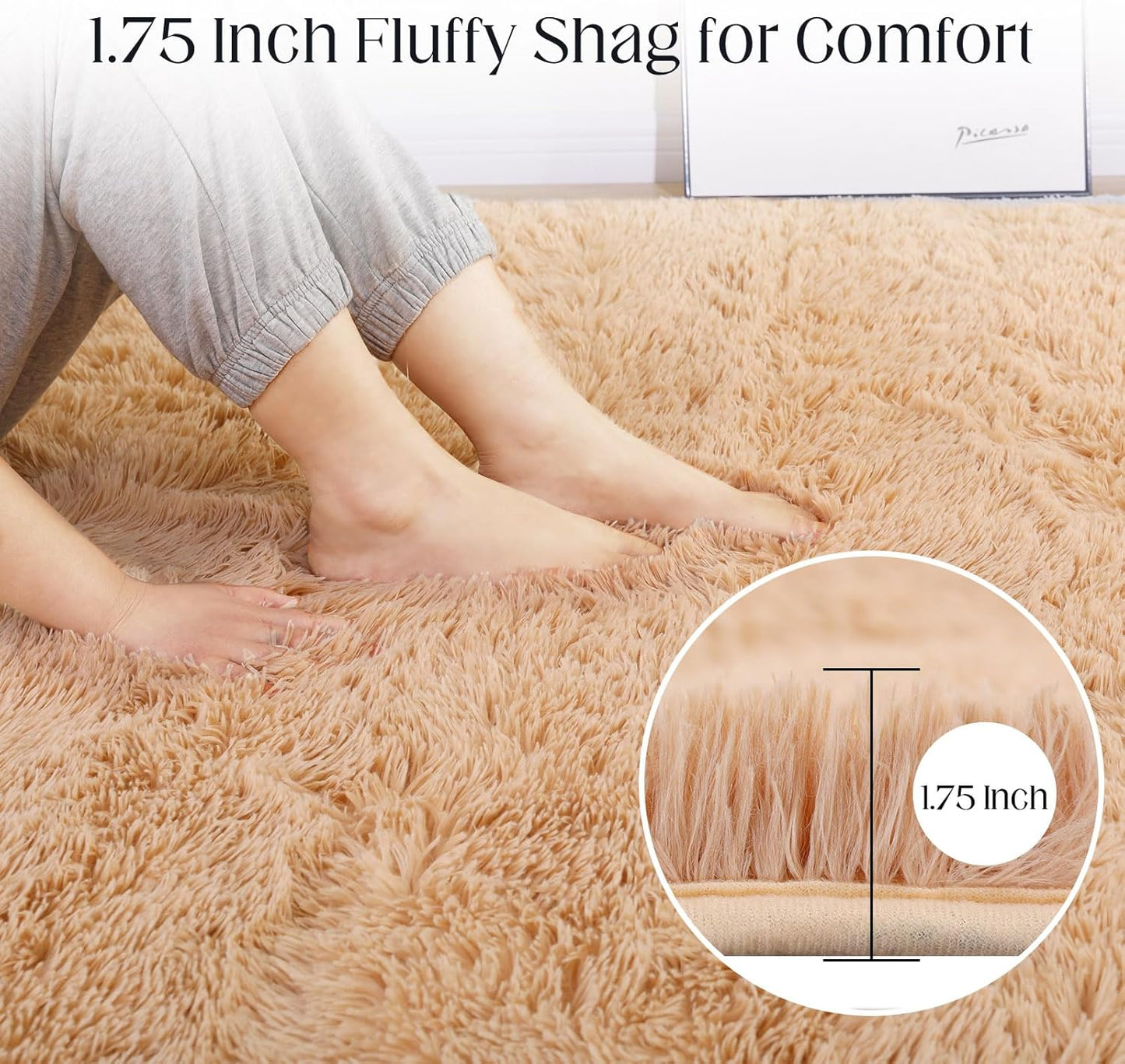 9x12 Area Rug, Fluffy Plush Carpet for Living Room, Bedroom, Nursery, Study, Kids Room - Soft Non-Slip Indoor Decor, Camel