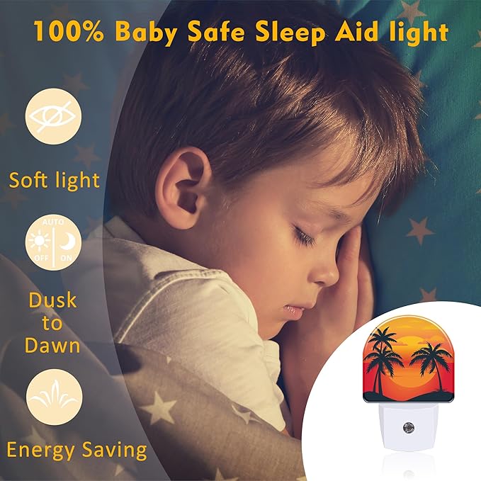 Palm Tree with Sunset Night Light Plug into Wall, Tropical Summer Beach Dusk to Dawn Night Light,0.5w Energy Saving Sleep Friendly Nightlights for Kids Boys Girls Home Decor