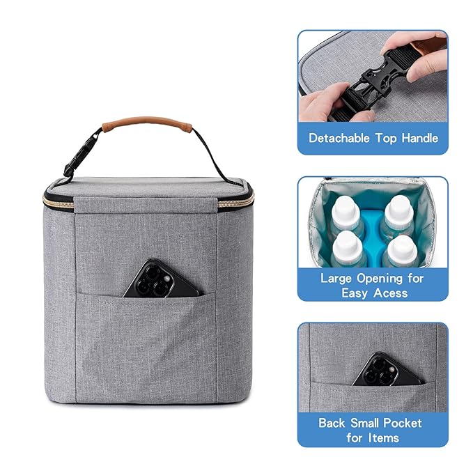 Breast Milk Cooler Bag with Ice Pack Fits 4 Baby Bottles Up to 9 Ounce, Baby Bottle Bag for Nursing Mom Daycare, Grey