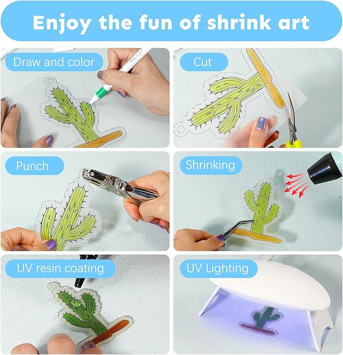 Auihiay Shrink Plastic Sheet Kit, Include UV Resin, UV Lamp, 20PCS Shrink Papers and Rich DIY Tools for Crafts Kids Jewelry Making, DIY Key Chains, Earrings