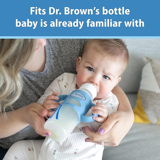 Dr. Brown's Narrow Baby Bottle Handles, 100% Silicone, Easy Grip Removable Handles for Bottle to Sippy Cup Transition, Blue/Gray/Green, 3-Pack, 4m+