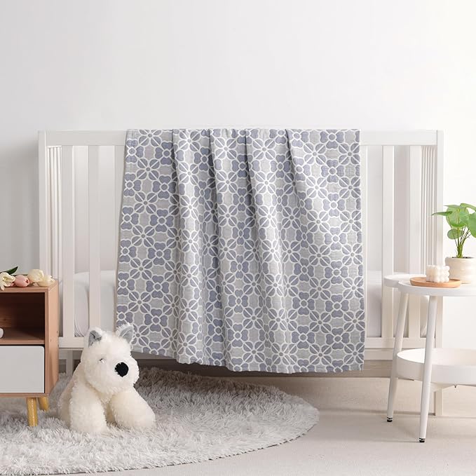 NTBAY 3 Layer Toddler Blanket, Muslin Cotton Jacquard Bed Blankets, Lightweight Thermal Baby Blanket, Super Soft and Warm Crib Blanket for All Seasons, Decoration Gift, 30"x40", Blue Clover