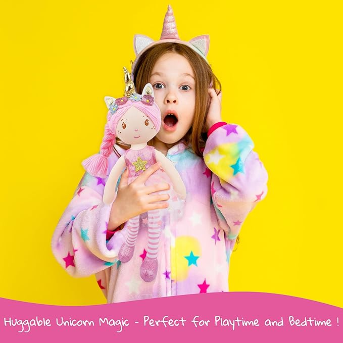 June Garden 16" Unicorn Doll Anya - Pink Hair Plush Rag Doll for Toddler Girls - Soft Companion Gift for 2+ Years - Pink Dress