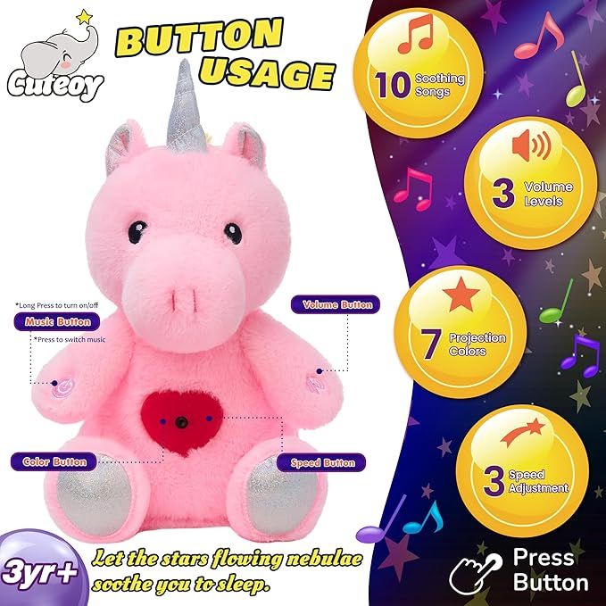 Cuteoy Plush Pink Unicorn Star Projector Musical Adjustable Singing Night Light Stuffed Animals Glowing Plushies Toy Gifts for Kids Birthday Easter Christmas,13''