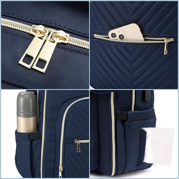 LOVEVOOK Diaper Bag Backpack, Quilted Baby Bag with Changing Pad & Pacifier Holder, Waterproof Travel Diaper Bags for Baby Boys Girls, Stylish and Large Capacity,Blue