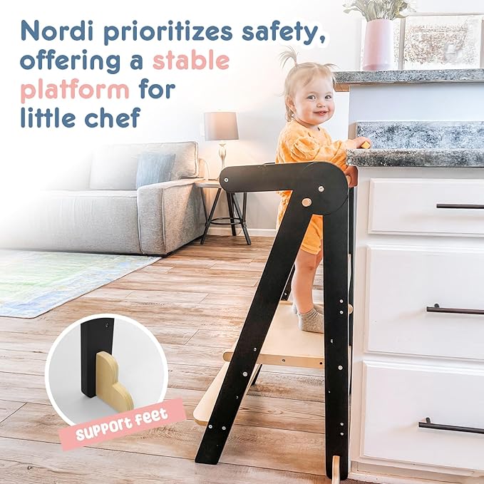 Nordi Foldable Toddler Kitchen Tower, Montessori Kitchen Stools Helper, Standing Tower with 3 Adjustable Heights, Suitable Age for 2-6 Years, Black