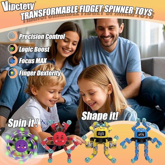 4Pcs Transformable Fidget Spinners for Kids Sensory Fidget Toys Teens Quiet Airplane Road Trip Travel Activities Essential Stocking Stuffers Bulk Gifts for Boys Girls Toddlers Autism ADHD B