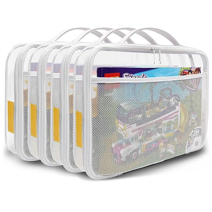 holay 4 Packs PVC Zippered Blocks Set, Toy, Clay, Board game Storage Organizer Case (Name Tag, Manual Pocket) (White, Large)