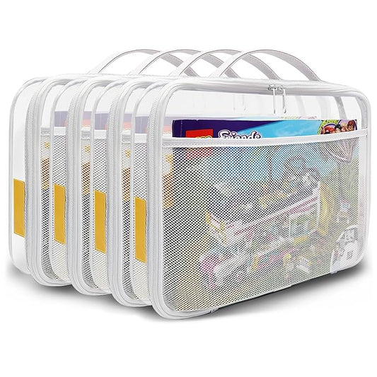 holay 4 Packs PVC Zippered Blocks Set, Toy, Clay, Board game Storage Organizer Case (Name Tag, Manual Pocket) (White, Large)