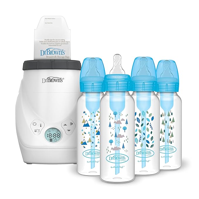 Dr. Brown's Milk Spa Breast Milk & Bottle Warmer with Anti-Colic Options+ Narrow Baby Bottles 8 oz/250 mL, with Level 1 Slow Flow Nipple, 4 Pack, Blue Nature, 0m+