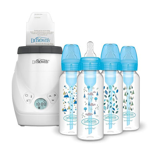 Dr. Brown's Milk Spa Breast Milk & Bottle Warmer with Anti-Colic Options+ Narrow Baby Bottles 8 oz/250 mL, with Level 1 Slow Flow Nipple, 4 Pack, Blue Nature, 0m+