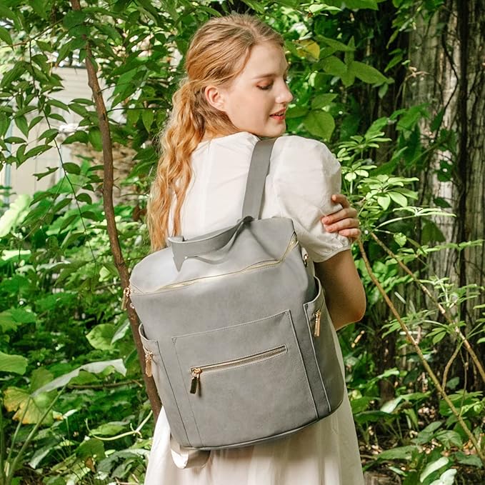 miss fong Diaper Bag Backpack Baby Diaper Bag, Large Leather Diaper Backpack with 16 Pockets Travel Bag with Diaper Changing Pad, Stroller Straps & 2 Insulated Pockets (Convertible,Premium Grey)