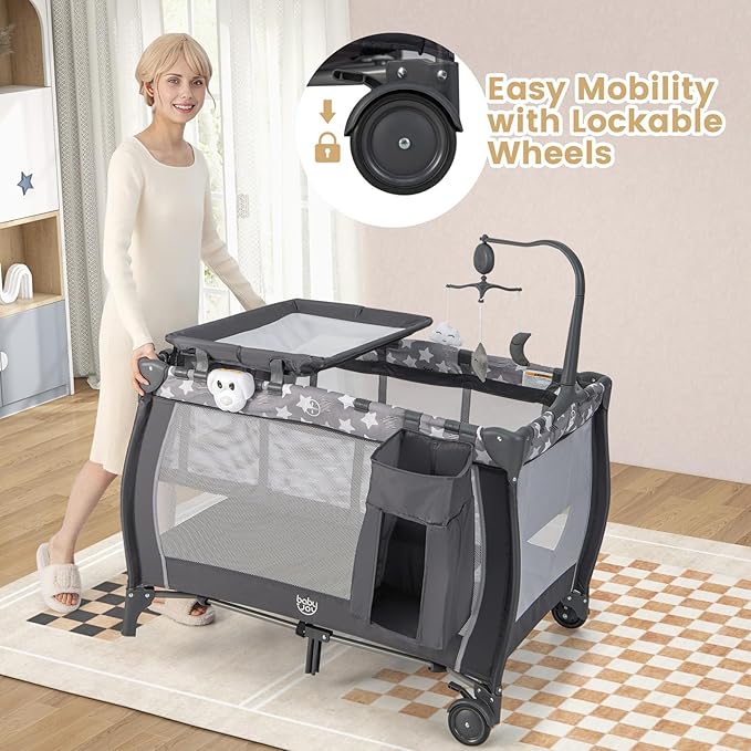 Costzon 3 in 1 Pack and Play with Bassinet, Portable Baby Playard with Changing Table, Music Box, Whirling Toys, Wheels/Brake, Basket, Bag, Foldable Infant Bassinet for Baby Toddlers Indoor Outdoor