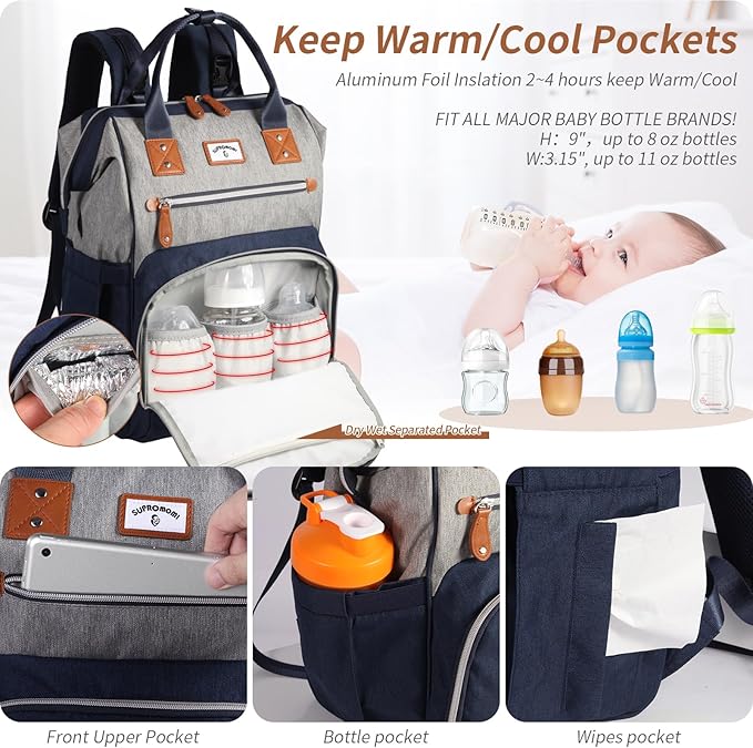 Diaper Bag Backpack: Tote Baby Bag for Boy and Girl, Large Mommy Bag Insulated Pockets Charger Holes for Men and Women, Nappy Bag for Baby Airplane Traveing Blue Grey