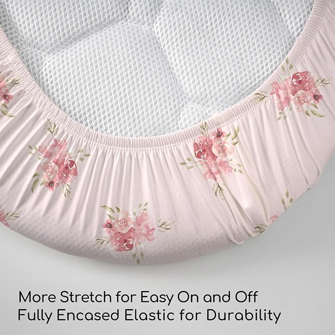 Nap Mat Sheet 47"x24", 3 Pack Pink Floral Baby Crib Sheets Fitted Elastic Corners, Preschool Day Care Rest Mat Cover, Soft Breathable - Compatible with Regalo My Cot, Joovy Travel Cot