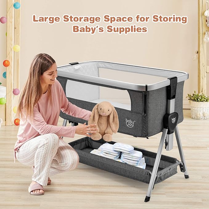 BABY JOY Bedside Bassinet, Portable Baby Crib w/Mattress, Two-Side Breathable Mesh, 7 Height Adjustable, Large Storage, Wheels for Easy Movement, Crib for Newborn Infant, Bassinet for Baby, Dark Grey