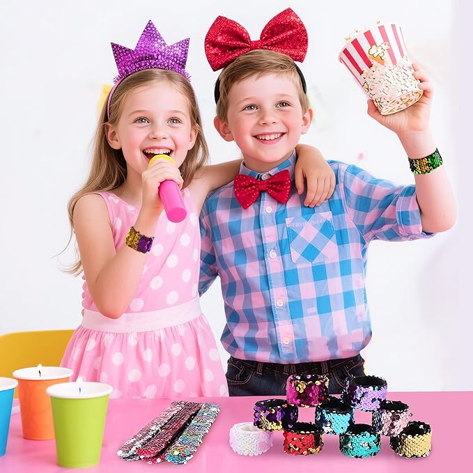 Childom 20 Pack Slap Bracelets 2-Color Reversible Charm Bracelets stage sequins horsetail buckle color ball head hair accessories hair accessories Magic Wristband