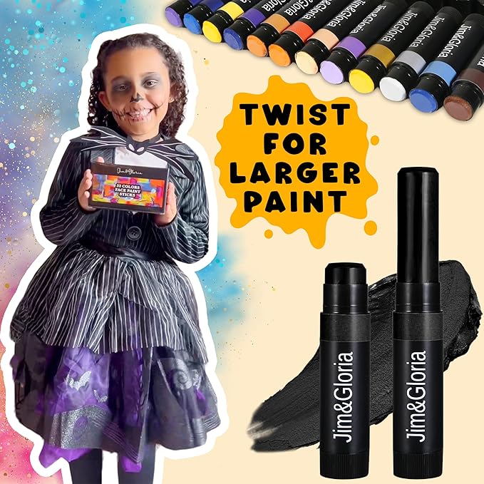 Jim&Gloria Face Paint Kit Bulk 32 Professional Face Painting Kit for Kids Party, Metallic, Neon, Classic Facepaint Crayons, Washable Body Paint Adults, Halloween Makeup, Boys Girls Gifts Crafts Toys