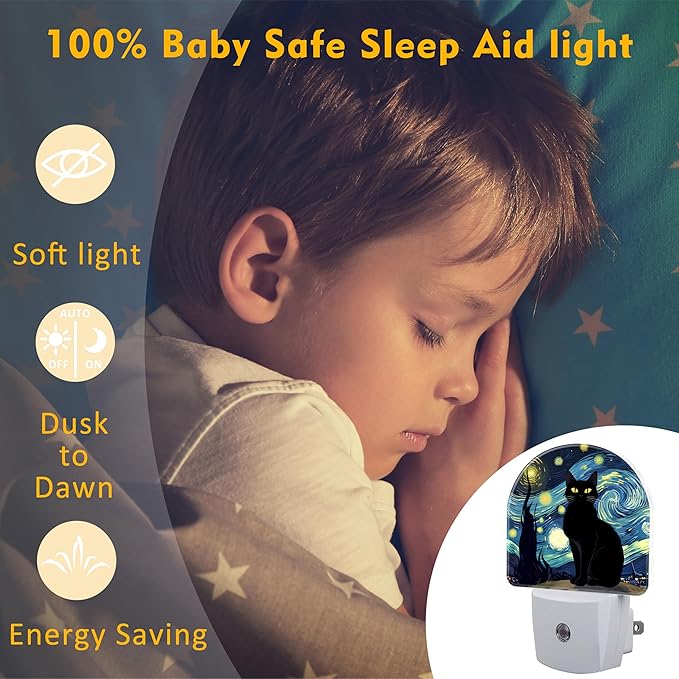 Starry Night Black Cat Night Light Plug into Wall, Impressionist Oil Painting Dusk to Dawn Night Light Plug in,0.5w Energy Saving Sleep Friendly NightLight for Kids Boys Girls Home Decor