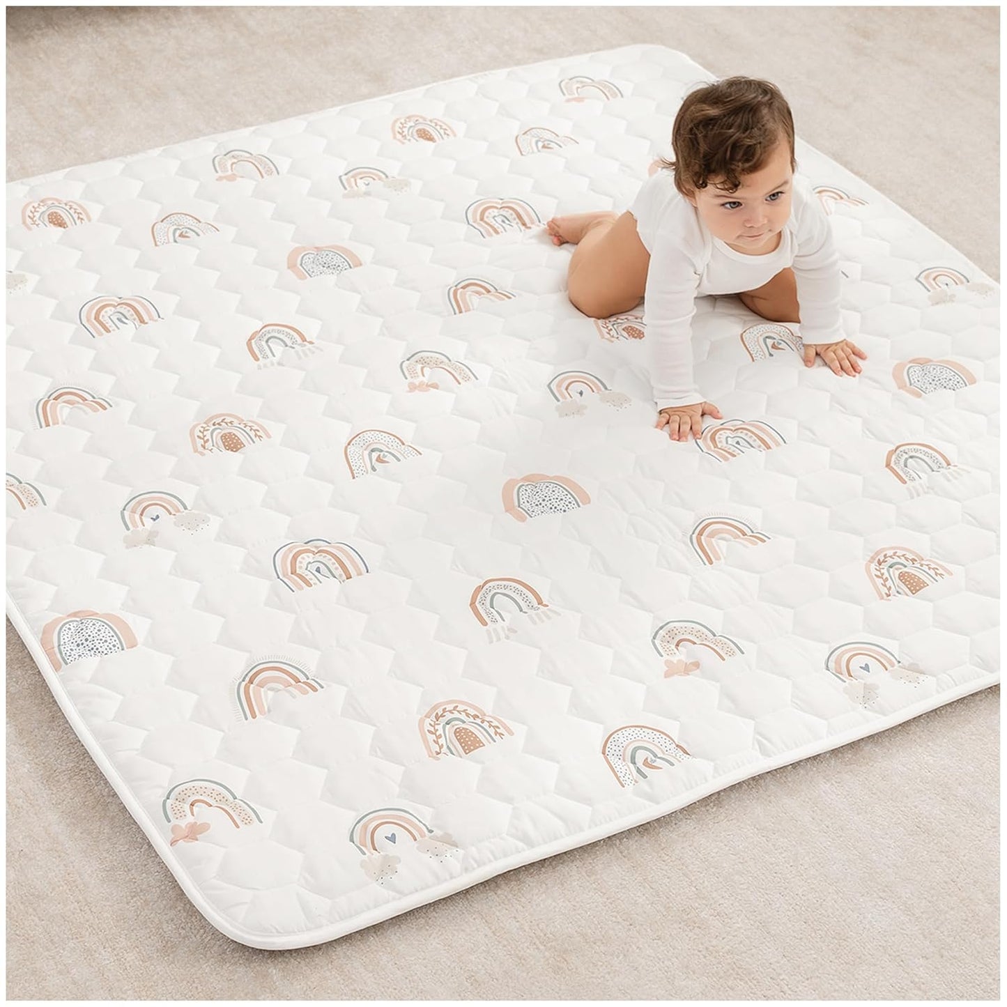 Comfy Cubs Square Kids Play Mat - 56 x 56 inches Soft Quilted Baby Floor Mat with Non-Slip Bottom - Plush Design for Toddlers' Playtime and Relaxation - Comfortable and Durable - Rainbow