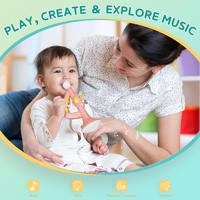Contixo KT2 Musical Trumpet Toy for Kids, Blue Baby Educational Music Toys with Light Effects, Adjustable Volume, Multiple Rhythms, Easy Play Modes, Realistic Whistle Sounds for Toddler Boys Girls