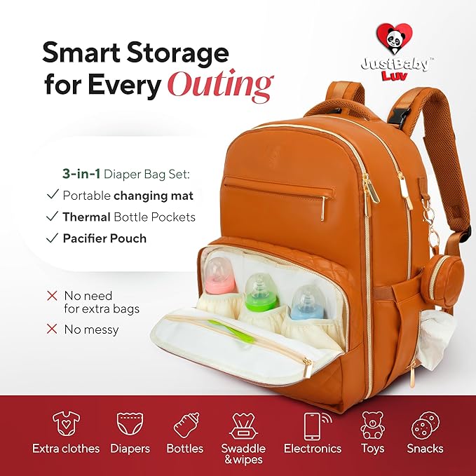 Award-Winning Premium Leather Diaper Bag Backpack – Stylish, Durable, Waterproof Vegan Leather with PEVA Changing Pad & Baby Headrest, Travel-Friendly, Organized for Busy Parents