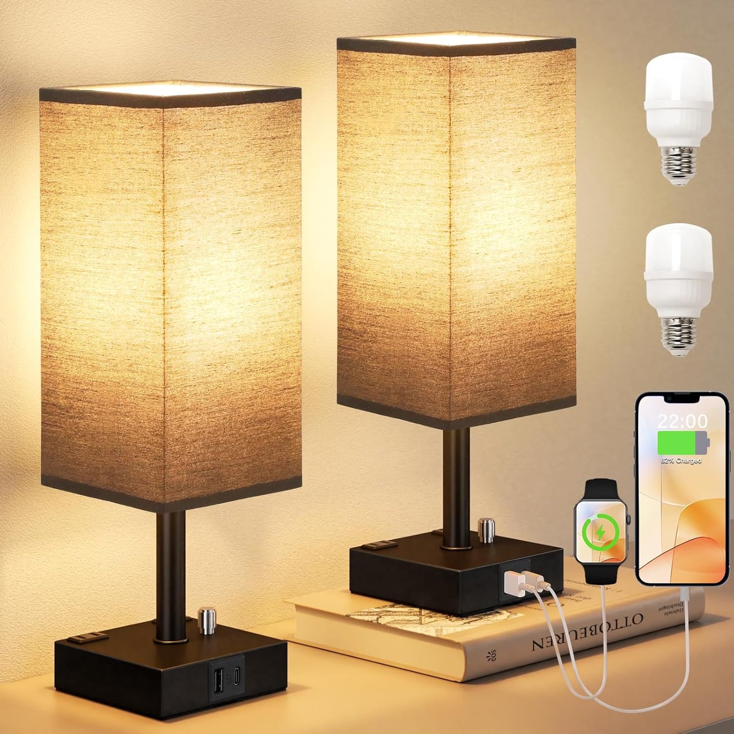 Black Fully Dimmable Nightstand Lamps Set of 2 - Table Bedside Lamp with USB C+A Charging Ports & 2 AC Outlets, Square Lamp Sets Linen Fabric Shade for Bedroom Living Room(Bulb Included)