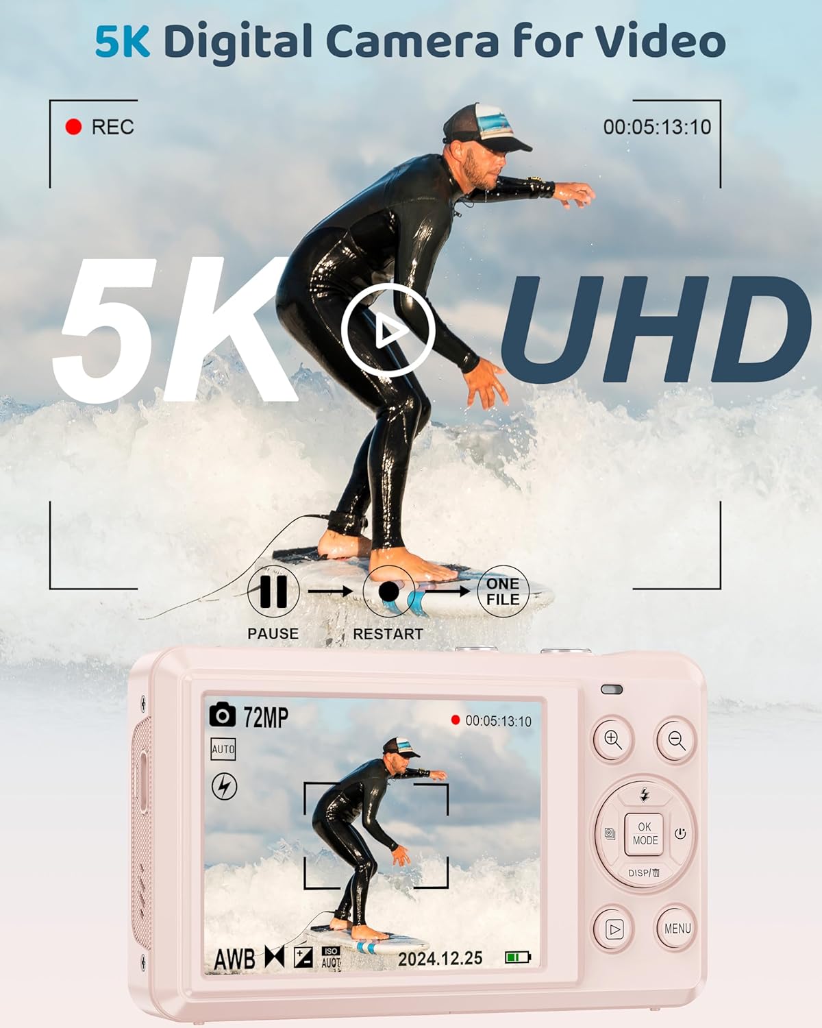5K Digital Camera - 72MP UHD Digital Cameras for Photography - Autofocus Point and Shoot Small Camera with Flash for Kids - 2.8 Inch Screen Compact Portable Vlogging Camara with 16X Zoom, 32GB SD Card