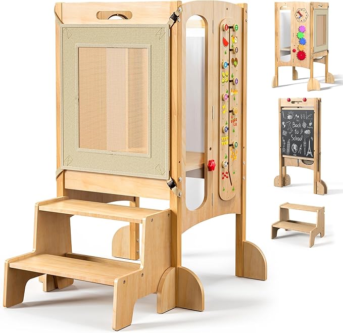 FlyingBoom Toddler Standing Tower, Foldable Kitchen Stool Helper with 2 Step Stool, Toddler Tower for Kids with Safety Net, Adjustable Height, Chalk-Whiteboard &Montessori Activity Games