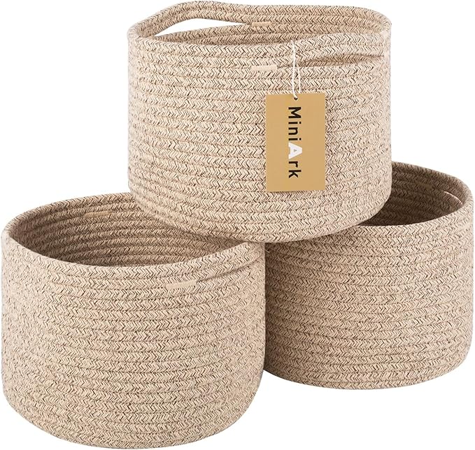 Small Basket for Organizing | Cube Shelf Closet Storage Baskets | 9.7×9.7×7.1” | Woven Rope Gift Basket | Nursery | Round 3 Packs Mixed Brown