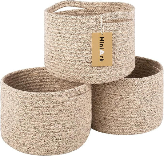 Small Basket for Organizing | Cube Shelf Closet Storage Baskets | 9.7×9.7×7.1” | Woven Rope Gift Basket | Nursery | Round 3 Packs Mixed Brown