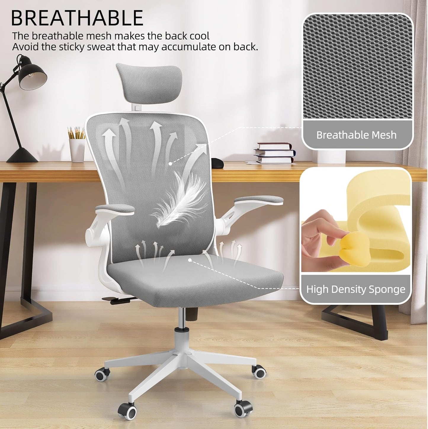 Ergonomic Office Chair, High-Back Mesh Computer Desk Chair with Adjustable Height, Lumbar Support, Flip-Up Armrests,headrest，and Swivel Rolling Design for Home and Office Use
