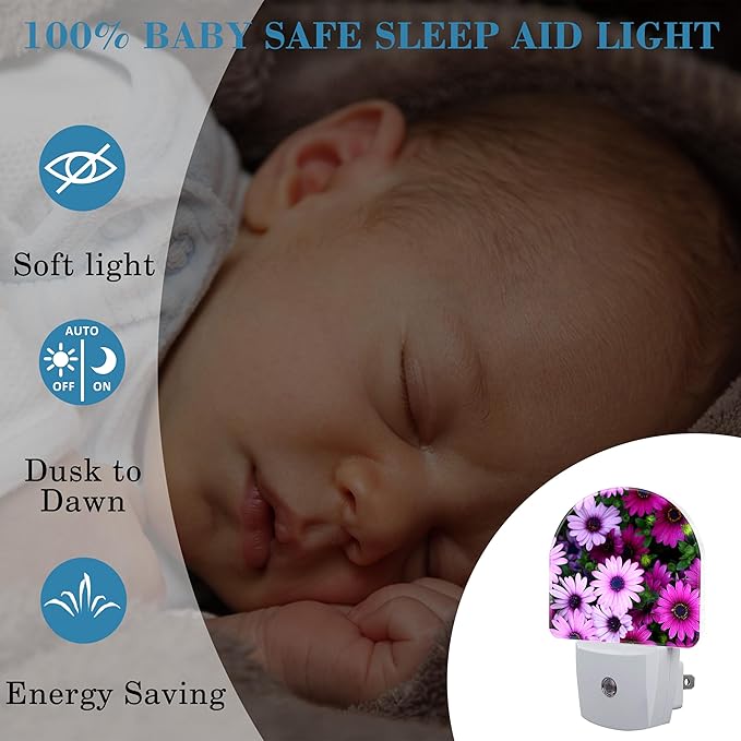 Beautiful Purple and Pink Flowers Night Light Plug into Wall with Dusk to Dawn Sensor Cute Nightlight for Kid Girls Boys Women Men Room Decor, Hallway, Kitchen, Bathroom, Nursery, Stairs