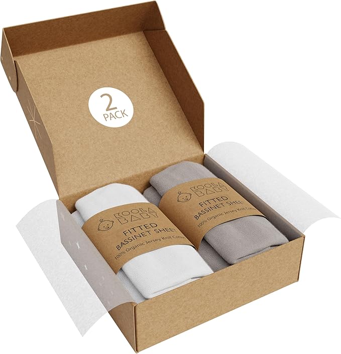 Bassinet Fitted Sheets - Compatible with Fodoss, Mika Micky & Dream on Me Poppy Traveler Bassinet | 100% Organic Jersey Cotton - White + Grey | 32x19 (2 Pack)