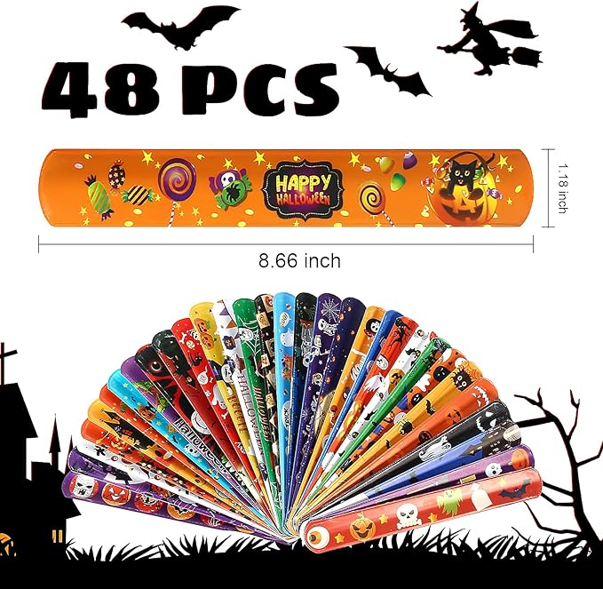 Halloween Slap Bracelet For Kids,48Pcs Halloween Party Favors, Halloween Decorations Gifts Bracelet Decorations Outdoor, Halloween Prizes Snap Bracelets Bulk Decor,Halloween Favors for Kids,Boys,Girls