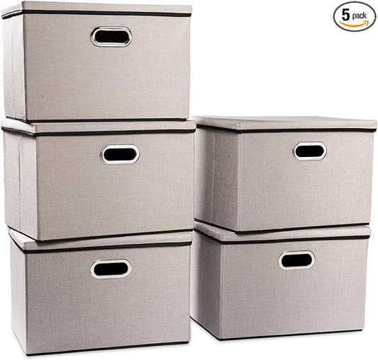PRANDOM Extra Large Collapsible Storage Bins with Lids [5-Pack] Linen Fabric Foldable Storage Baskets Boxes Organizer Containers Cube with Cover for Bedroom Closet Office Nursery (22.8x15.75x13.8)