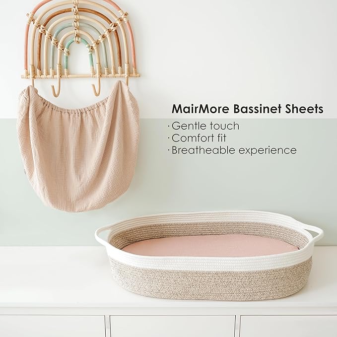 Muslin Bassinet Sheets for Babies – Soft & Breathable 100% Cotton Fitted Sheets for Oval, Rectangle, Hourglass Bassinet Mattress Pads, 2-Pack (Ivory & Pink)