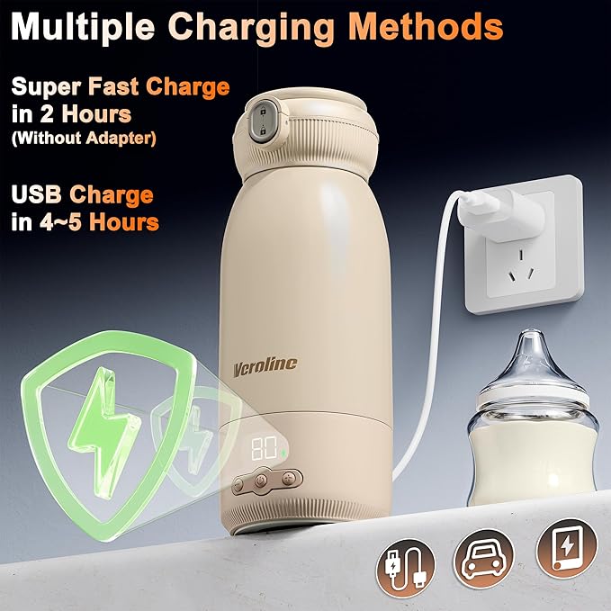 Portable Bottle Warmer for Travel, 16 Oz Baby Bottle Warmer, Super Fast Charging Milk Warmer with Adjustable Temp & Keep Warm for Formula, Breastmilk, Rechargeable & Cordless Water Warmer